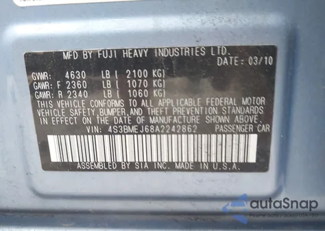 2010 Subaru Legacy 3.6R Limited from USA, damaged, VIN 4S3BMEJ68A2242862